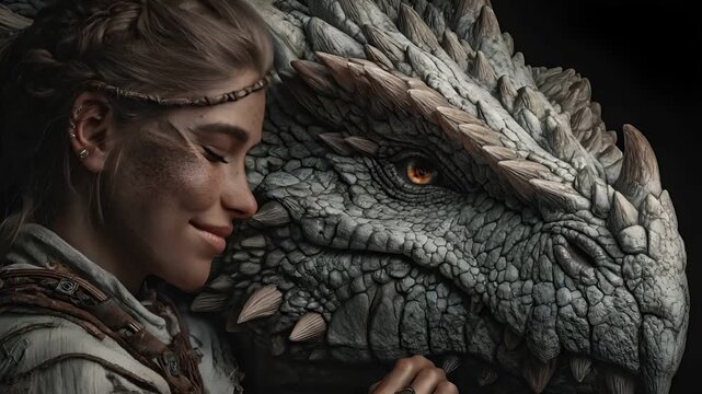 Fantasy wallpaper. A detailed digital artwork depicts a female warrior in a contemplative pose beside a majestic dragon. The warrior wears a leather outfit with intricate designs.