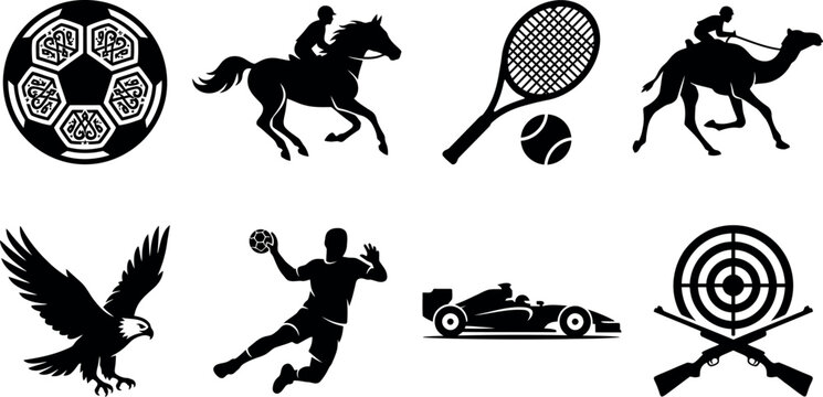 Black silhouette of a soccer player kicking a ball a golfer swinging a club a tennis player serving a basketball player dunking and a baseball player pitching