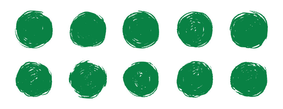 Green hand drawn pencil circles arranged on white background, rough textured rings with imperfect edges, stamplike marks conveying organic certification, ideal for packaging, labels, branding,