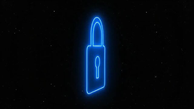 A glowing blue neon padlock icon on a dark textured background
