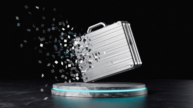 Metal suitcase breaking into pixels on dark background, digital travel and technology concept