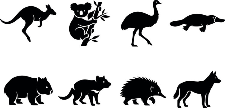 Black silhouettes of Australian animals kangaroo wallaby koala wombat echidna cockatoo and possum