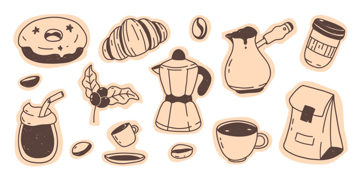Set of hand drawn coffee stickers. Coffee beans, a cup of coffee, a croissant, and a coffee maker in the style of pencil drawing, chalk drawing, and ink drawing. Vector illustration