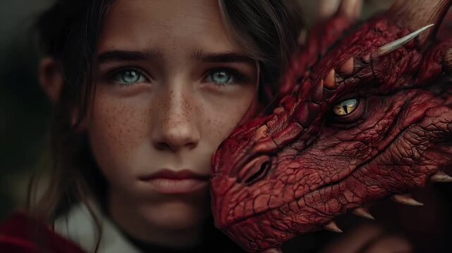 Fantasy wallpaper. A closeup portrait of a young girl with striking blue eyes and freckles, set against a dark, blurred background. She holds a large.