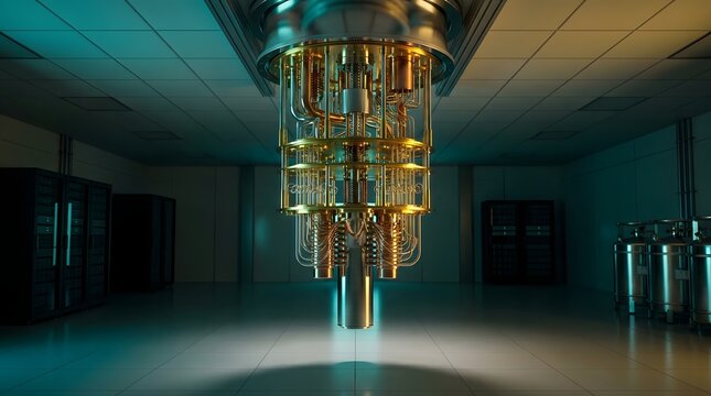 Quantum computer processor inside a dilution refrigerator in a laboratory setting