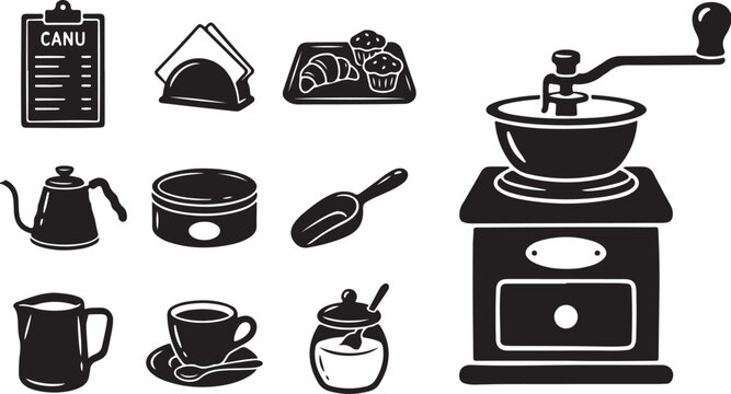 Coffee and Bakery Icons in Black and White