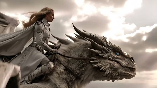 Fantasy wallpaper. A detailed digital artwork depicts a female warrior in full armor, riding atop a dragon. The warrior has long blonde hair and wears a flowing white cloak.