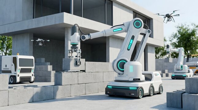 Automated construction site with robotic arms and drones building a concrete structure