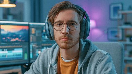 Fototapeta premium Serious young man wearing headphones and glasses sitting in front of a computer with multiple screens displaying editing software with cityscape background
