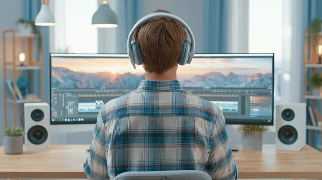 Man wearing headphones sitting at a desk in front of a large computer monitor editing a video, with speakers on either side and shelves in the background.
