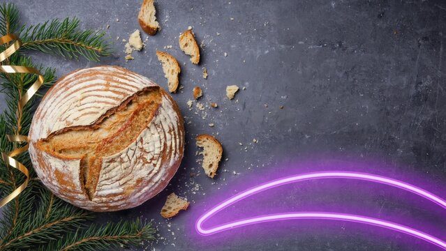 Irish New Year tradition of banging bread against walls to drive away bad luck and hunger, festive bread composition with copy space.