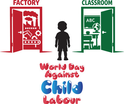 World day against child labour concept with a child choosing between a factory and a classroom, symbolizing the importance of education over child labor