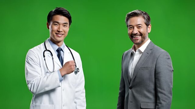 Doctor and Businessman Discussing Health and Business on Green Screen.