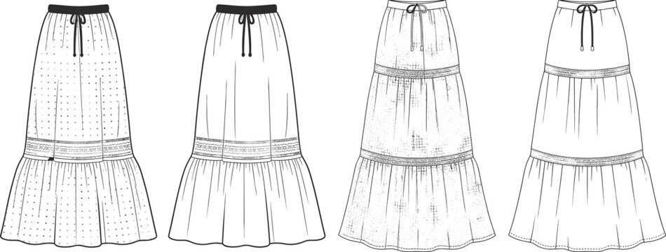 Fashion technical sketch of women's boho tiered maxi skirts with drawstring waistband front and back views