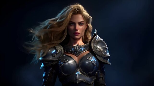 Fantasy wallpaper. A detailed digital artwork depicts a female warrior in a dynamic pose. She has long, flowing blonde hair and wears ornate, metallic armor with intricate designs.