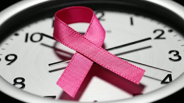 Pink Awareness Ribbon Over Clock Symbolizing Health Urgency and Time Management for Medical and Health Awareness Themes