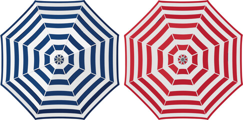 Top View Striped Beach Umbrella Vector Set with Blue and Red Parasol Canopies for Summer Vacation Sun Protection and Patio Graphic Designs © MstSultanaAkter