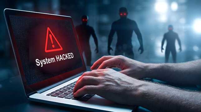Cyberattack Alert: A digital intrusion unfolds as a laptop screen flashes System HACKED with a stark warning. Shadowy figures loom in the background.