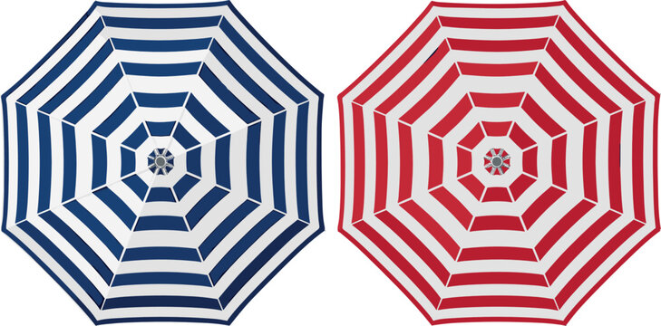 Top View Striped Beach Umbrella Vector Set with Blue and Red Parasol Canopies for Summer Vacation Sun Protection and Patio Graphic Designs