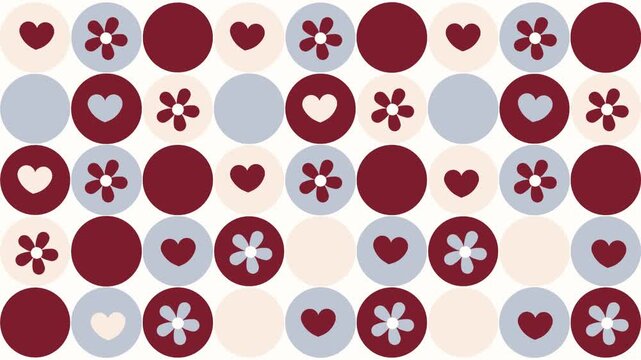 4k footage animation of love and flower daisy red blue and cream in circle with white background colors. Argyle cute pattern with flower and hearts. Valentines' day, wedding, birthday, ornament