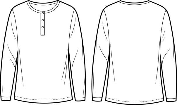 Cad drawing flat vector illustration of men long sleeve henley shirt with button placket front and back view