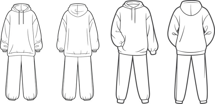 Cad drawing flat vector illustration of unisex oversized tracksuit hoodie and joggers sweatpants set front back view