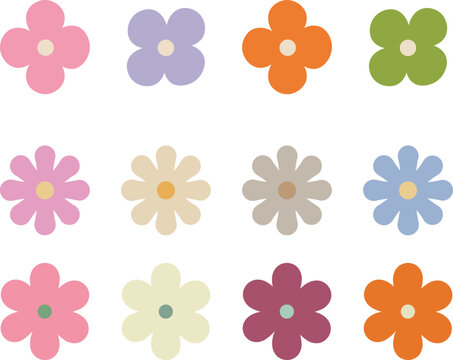 Cute retro flower icons vector set. Colorful 70s indie groovy floral silhouettes isolated on white background