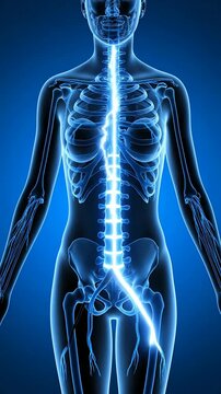 Striking Digital Illustration of A Human Skeletal System with Glowing Spinal Column Against Blue Background for Medical and Educational Use