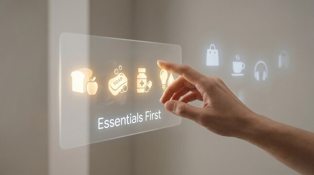 Consumer Downtrading - A hand selects essential goods on a clean, minimal interface while non-essential items fade into the background, highlighting prioritization.
