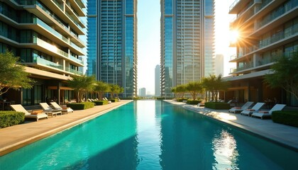 Fototapeta premium Modern apartment buildings surround a bright blue swimming pool. Tall glass skyscrapers create a cityscape view. Sun shines on lounge chairs near the water.
