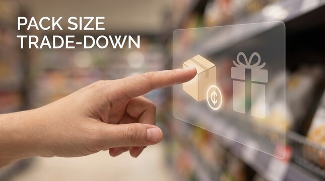Consumer Downtrading - A hand selects a smaller product pack over a premium option with glowing value highlights in a clean, minimal interface.