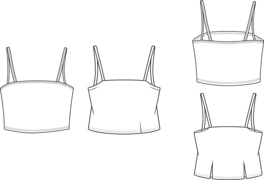 Cad drawing flat vector illustration of women cropped camisole top with thin spaghetti straps front and back view