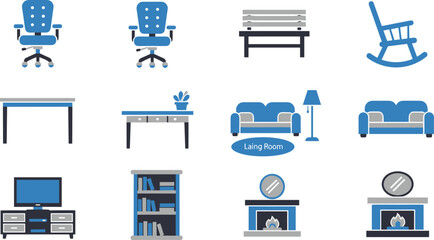 Household furniture elements including office chairs park benches rocking chairs tv stands and bookcases art. © Emongrapic
