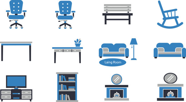 Household furniture elements including office chairs park benches rocking chairs tv stands and bookcases art.