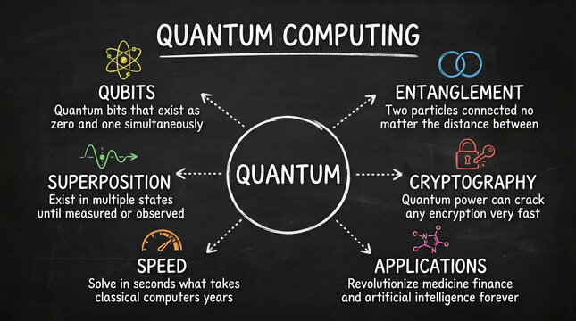 Quantum computing infographic on blackboard, educational science diagram with qubits and entanglement, physics classroom chalkboard with cryptography and superposition