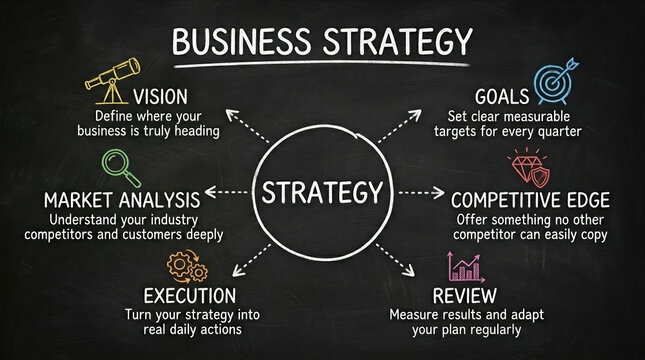 Business strategy chalkboard diagram, corporate planning flow chart with vision and goals, professional management strategy infographic on blackboard