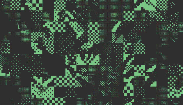 Neon Green Pixel Camouflage and Dark Digital Glitch Pattern