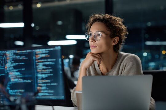 reflective coder working, focused software engineer examining lines on multiple screens diligently
