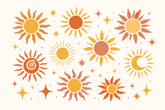 Abstract Organic Doodle Sun Shapes and Stars in Flat Boho Style, Modern Retro Drawing with Playful Basic Celestial Elements, Hand Drawn Vector Illustration for Minimalist Aesthetic Design Decor