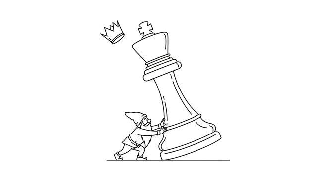 Small gnome pushing a giant chess king, symbolizing struggle, strategy, and overcoming challenges.