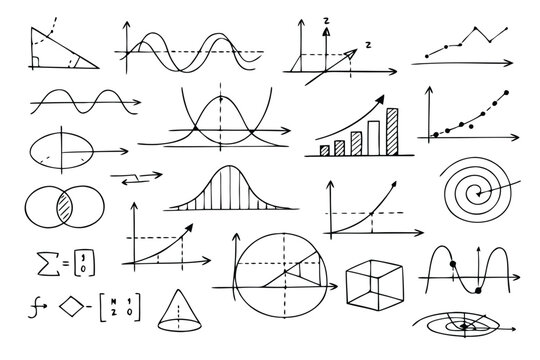 Hand Drawn Mathematical Equations, Graphs, and Charts with Formulas and Diagrams. Collection of Science and Math Doodles including Geometry, Algebra, Statistics, and Calculus Sketches on White