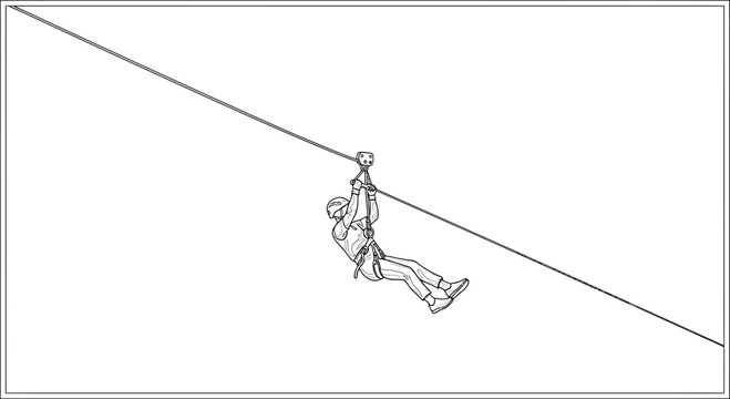 Person zip-lining down a cable, extreme sports, adventure, outdoor activity, illustration