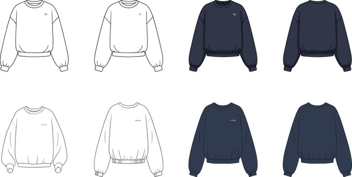 Cad drawing flat vector illustration of women oversized crewneck sweatshirt blank and colored variations front and back view