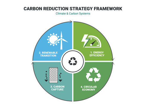Carbon reduction strategy framework circle chart with renewable transition energy efficiency and circular economy.