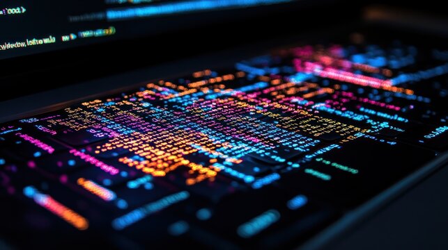 Colorful code on laptop keyboard at night; software development