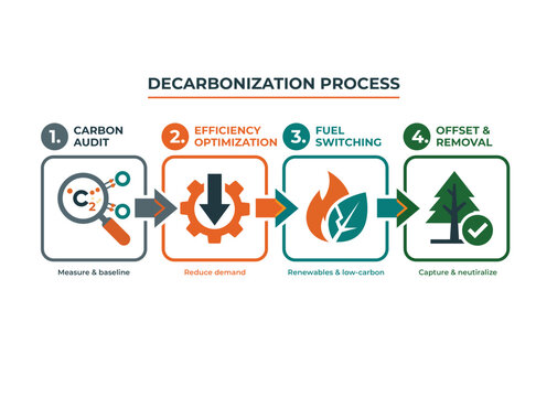 Decarbonization process infographic with carbon audit efficiency optimization fuel switching and offset removal.