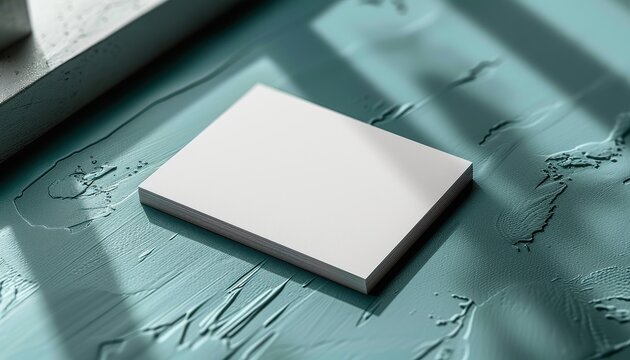 Blank white business cards mockup on teal textured background with shadow, stack of paper cards for branding presentation.