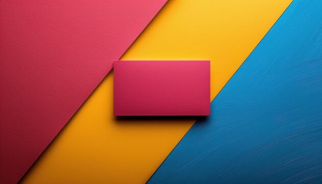Blank magenta business card rests on a layered pink, yellow, and blue paper background product mockup design