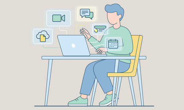 Man working on laptop with various digital tools and icons floating around, representing remote work and online collaboration.