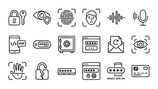 Security and Authentication Vector Icon Set Featuring MFA, Biometrics, Fingerprint Scan, Face Recognition, Iris Scan, Voice ID, Password Login, Mobile Verification, and Data Protection Icons.